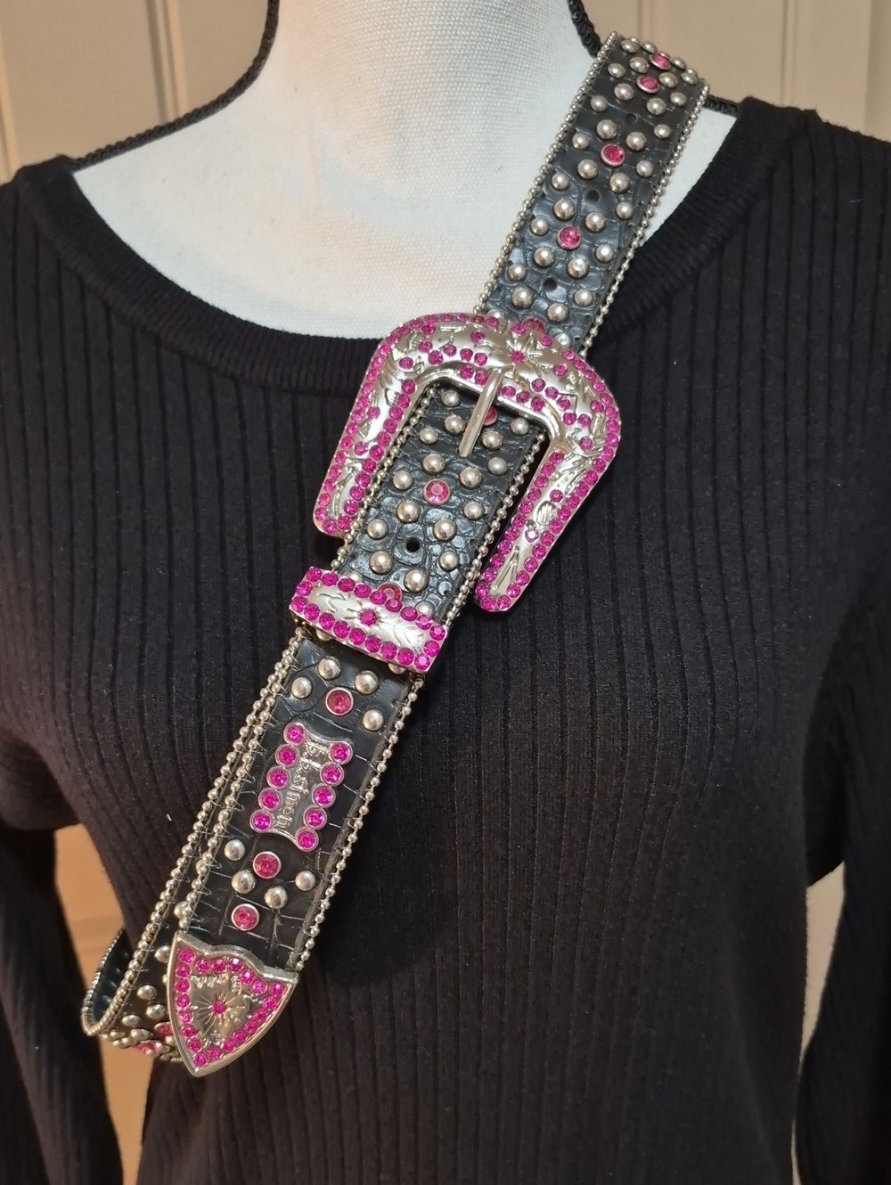 Desigual Black Strap with Pink Crystal Western Buckle